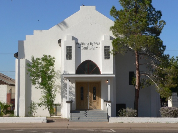 Casa Grande, Arizona. Built in 1949. Added to the National Register of Historic Places 20 November 2002 at the Church of the Nazarene. Currently Primera Iglesia Baptista (photo from Wikimedia Commons).
